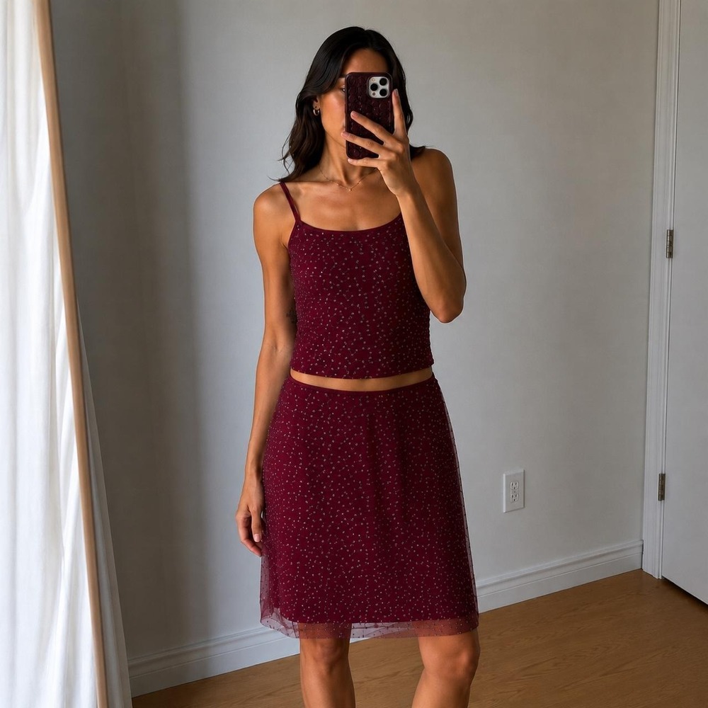 Vintage Burgundy Sequins Two Piece Cami Mini Skirt Set Women M Party Coquette